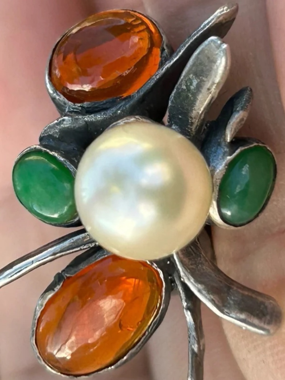 Antique unique sterling silver pearl jade gemstone statement cocktail ring 5.25